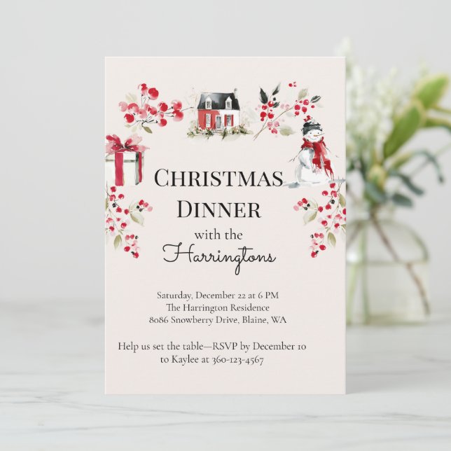 Watercolor Christmas Dinner Invitation (Standing Front)