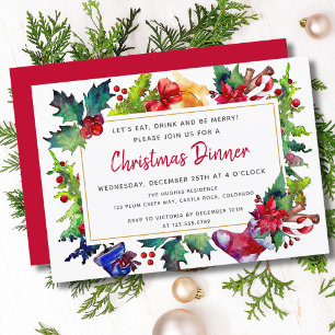 Watercolor Christmas Dinner Party Celebration Invitation