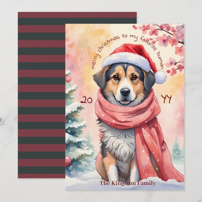 Watercolor Christmas Dog Merry Christmas Wishes Holiday Card (Front/Back)