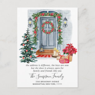 Watercolor Christmas Door  Moving Announcement Postcard