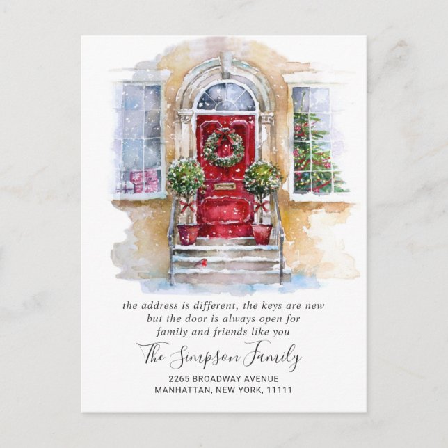 Watercolor Christmas Door  Moving Announcement Postcard (Front)