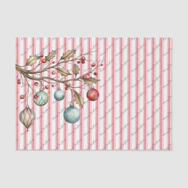 Watercolor Christmas Elegant Script Pink Stripes Tissue Paper (Front)