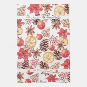 Watercolor Christmas Elements Seamless Pattern Tea Towel