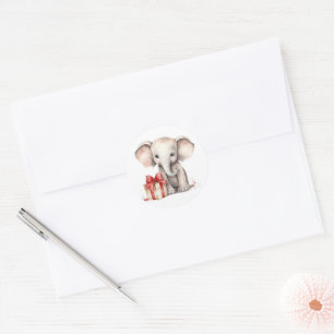 Watercolor Christmas Elephant With Gift Classic Round Sticker