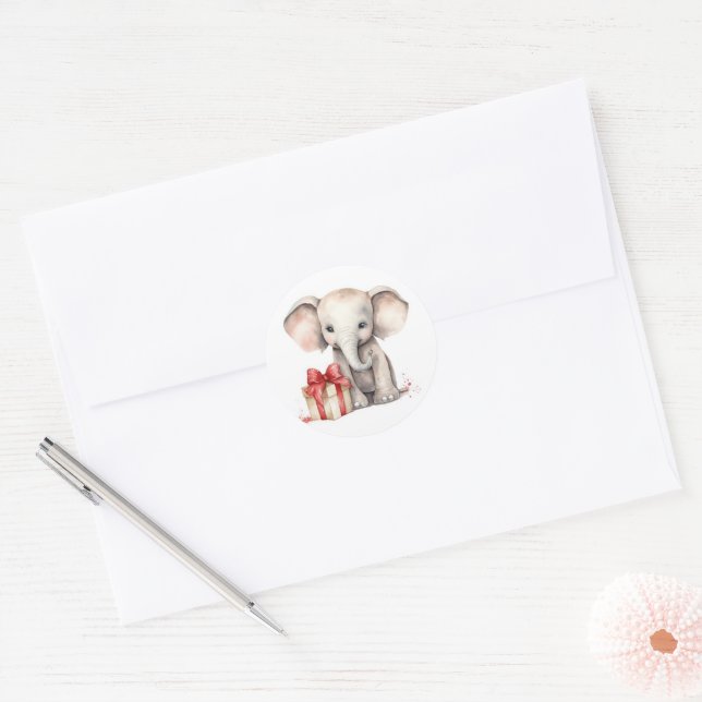 Watercolor Christmas Elephant With Gift Classic Round Sticker (Envelope)