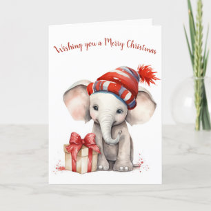 Watercolor Christmas Elephant With Hat Holiday Card