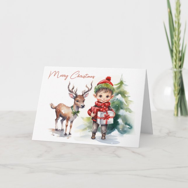 Watercolor Christmas Elf and Reindeer Holiday Card (Front)