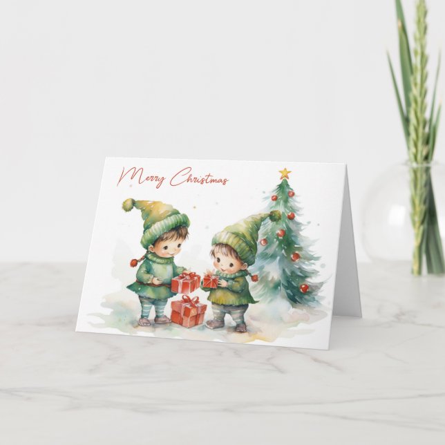 Watercolor Christmas Elves Holiday Card (Front)