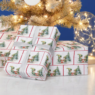 Watercolor Christmas Elves In Snowflakes Wrapping Paper