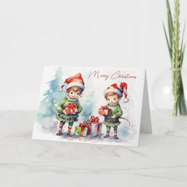 Watercolor Christmas Elves With Gifts Holiday Card (Front)