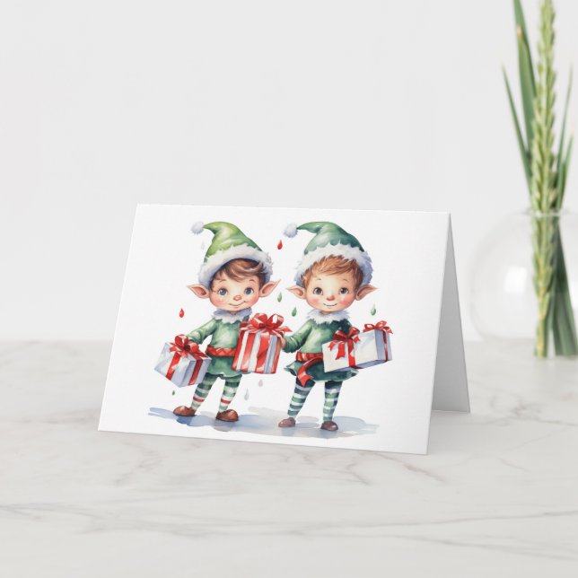 Watercolor Christmas Elves With Gifts Holiday Card (Front)