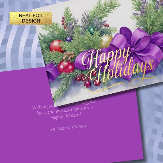 Watercolor Christmas Evergreen Ribbon Purple Red Foil Holiday Card (Creator Uploaded)