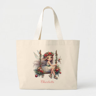 Watercolor Christmas Fairy   Custom Name Large Tote Bag