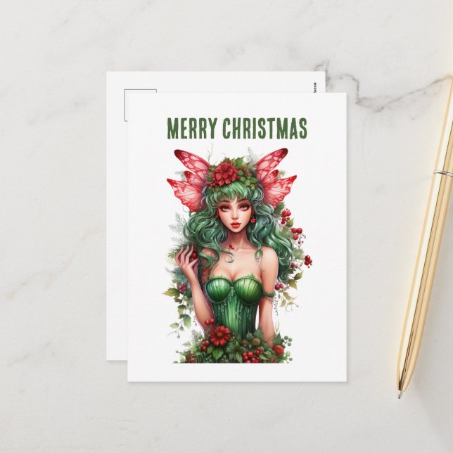 watercolor Christmas Fairy fantasy Holiday Postcard (Front/Back In Situ)