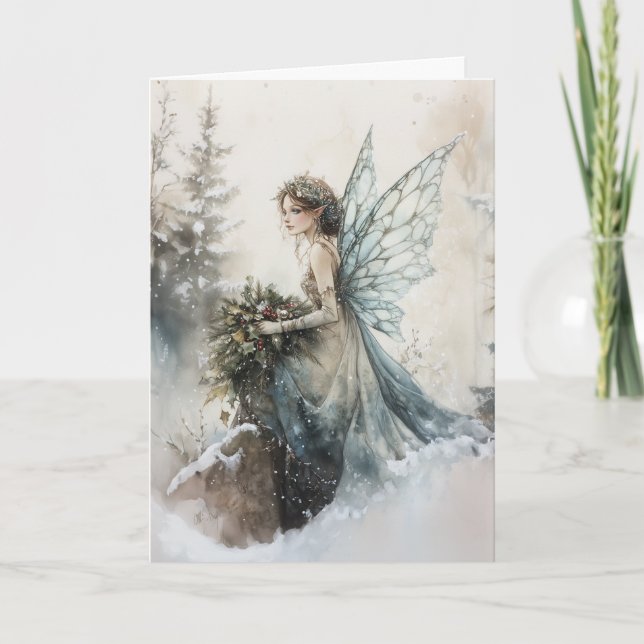 Watercolor Christmas Fairy with Bouquet in Snow Card (Front)