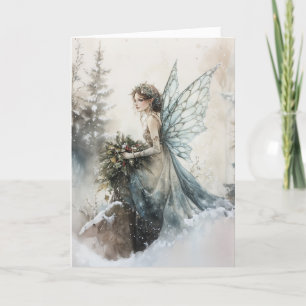 Watercolor Christmas Fairy with Bouquet in Snow Card