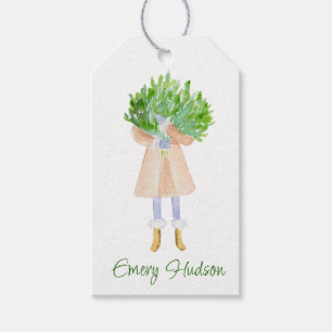 Watercolor Christmas Fashion Girl with Greenery Gift Tags