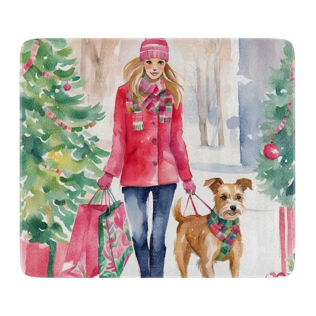 Watercolor Christmas Fashion Shopping Girl Cutting Board (Front)