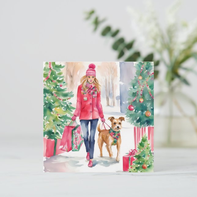 Watercolor Christmas Fashion Shopping Girl Holiday Card (Standing Front)
