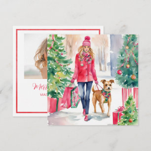 Watercolor Christmas Fashion Shopping Girl Photo Holiday Card
