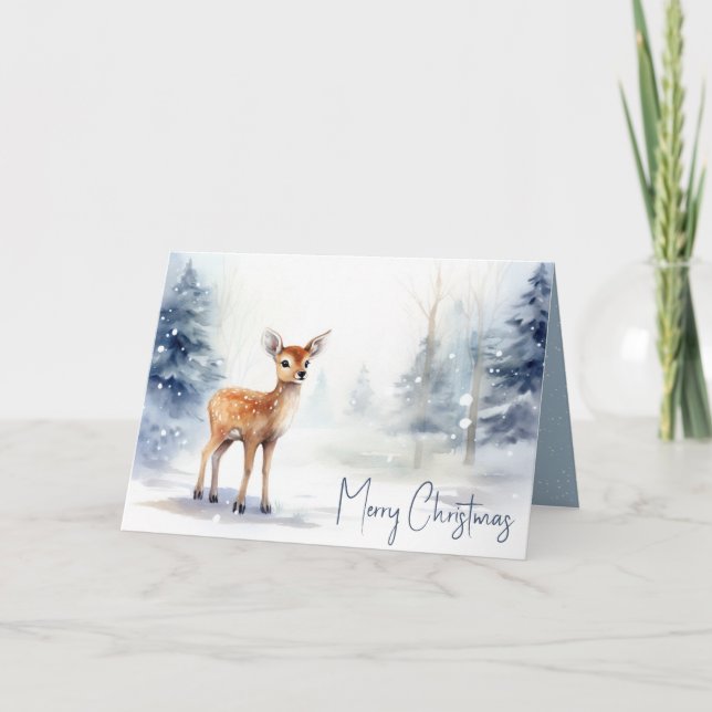 Watercolor Christmas Fawn In Snow Holiday Card (Front)