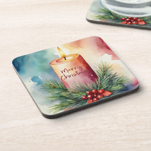 Watercolor Christmas Festive Candle Illustration  Coaster (Left Side)