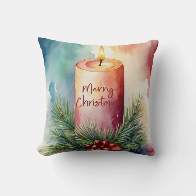Watercolor Christmas Festive Candle Illustration  Cushion (Front)