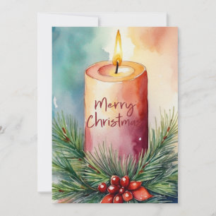 Watercolor Christmas Festive Candle Illustration  Holiday Card