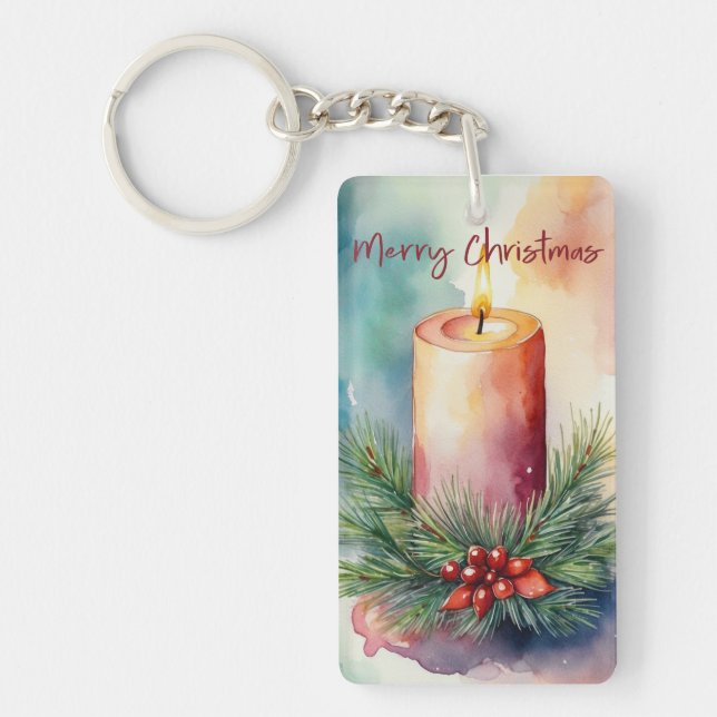 Watercolor Christmas Festive Candle Illustration  Key Ring (Front)