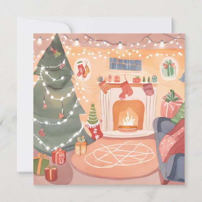 Watercolor Christmas Fireplace Card (Front)