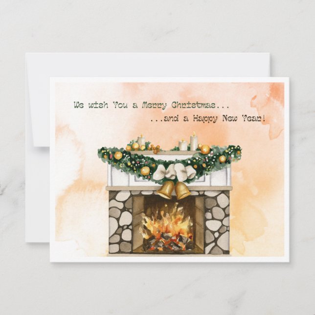 Watercolor Christmas Fireplace Holiday Card (Front)