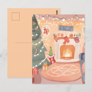 Watercolor Christmas Fireplace Postcard