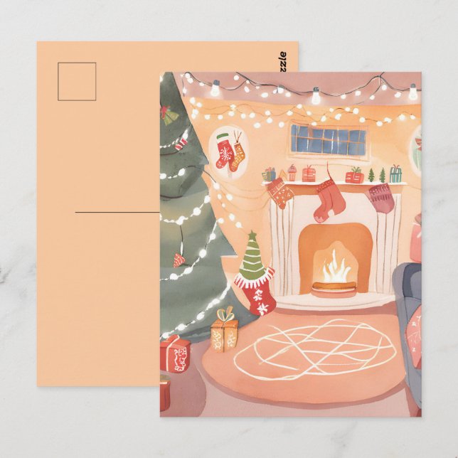 Watercolor Christmas Fireplace Postcard (Front/Back)