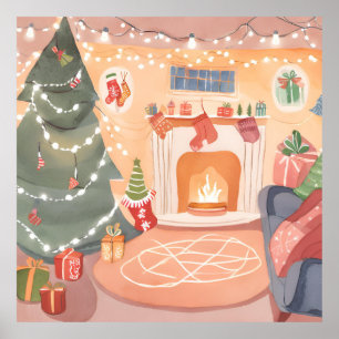 Watercolor Christmas Fireplace Poster