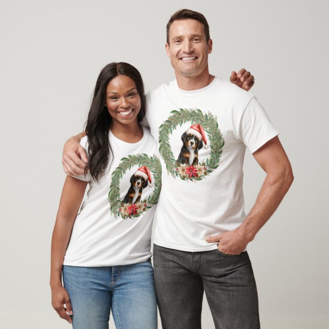 Watercolor Christmas Floral Dog Design T-Shirt (Unisex)