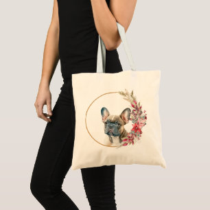 Watercolor Christmas Floral Dog Design Tote Bag