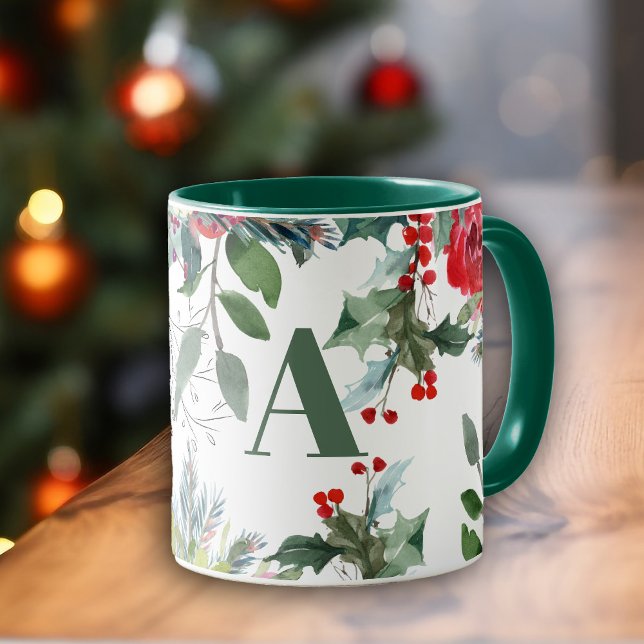 Watercolor Christmas floral elegant green monogram Mug (Creator Uploaded)