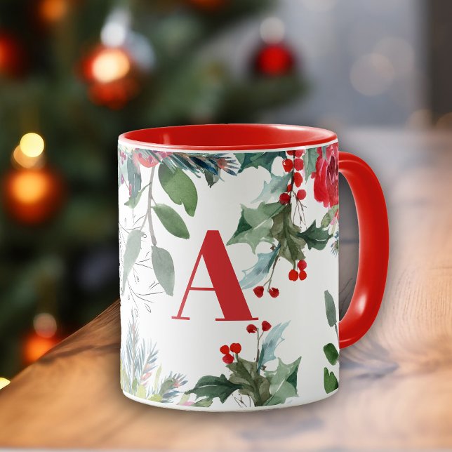 Watercolor Christmas floral elegant red monogram Mug (Creator Uploaded)