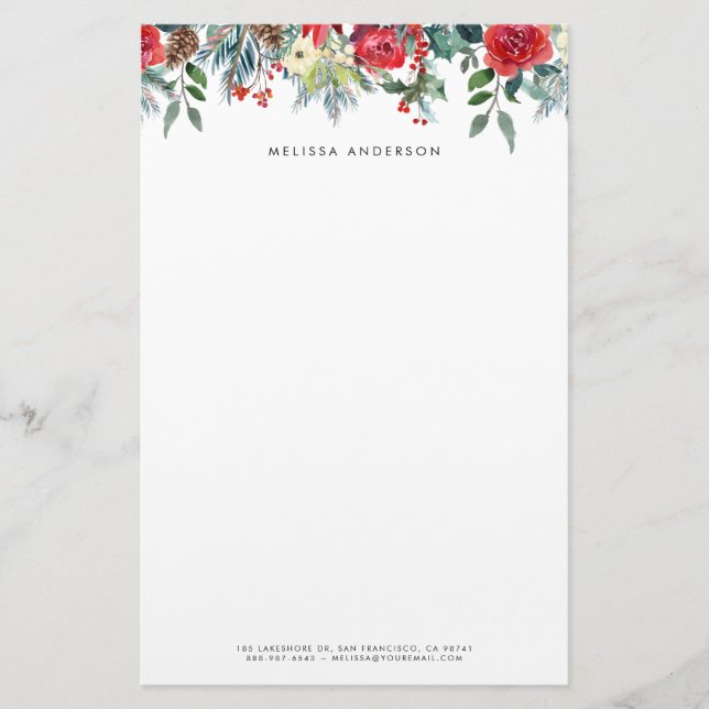 Watercolor Christmas Floral Garland Personalised Stationery (Front)