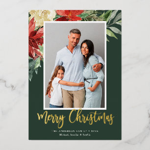Watercolor Christmas Floral Green Photo Foil Holiday Card