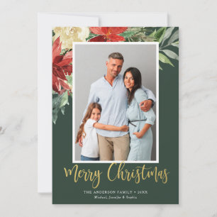 Watercolor Christmas Floral Green Photo Holiday Card