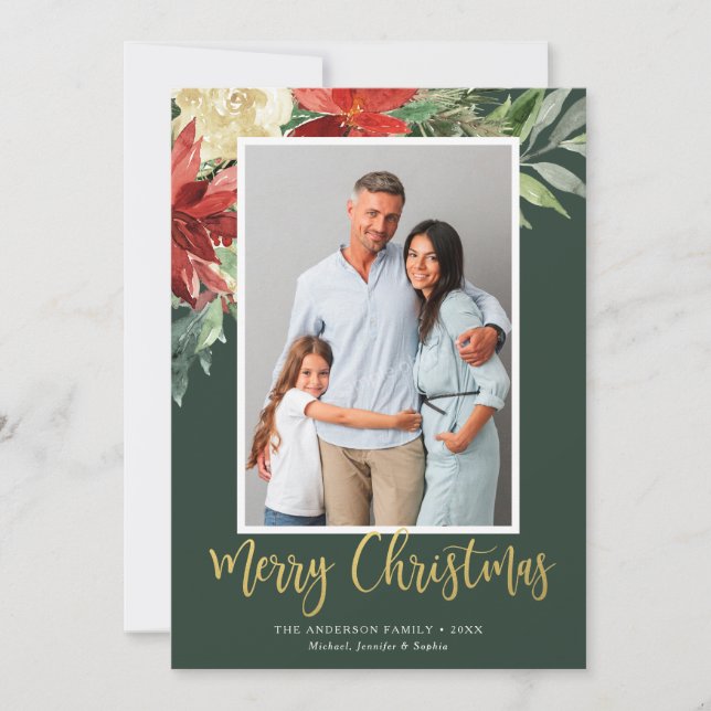 Watercolor Christmas Floral Green Photo Holiday Card (Front)