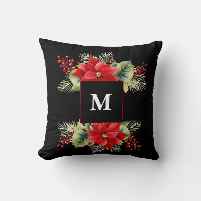 Watercolor Christmas Floral Monogram Cushion (Front)