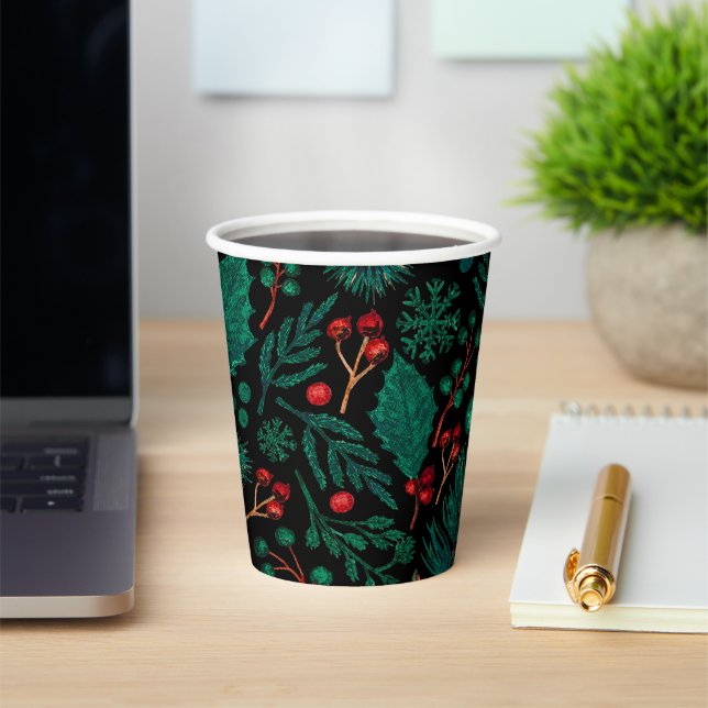 Watercolor Christmas Floral Pattern | Paper Cup (Insitu)