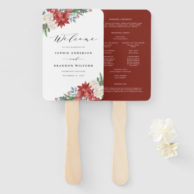 Watercolor Christmas Floral Winter Wedding Program Hand Fan (Front and Back)