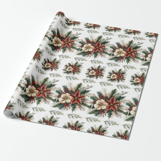 Watercolor Christmas Floral Wrapping Paper (Unrolled)