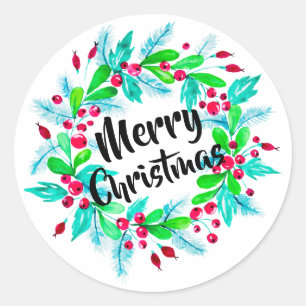 Watercolor Christmas Floral Wreath Merry Christmas Classic Round Sticker