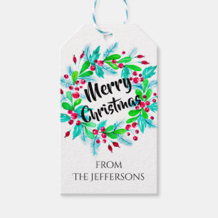 Watercolor Christmas Floral Wreath Merry Christmas Gift Tags