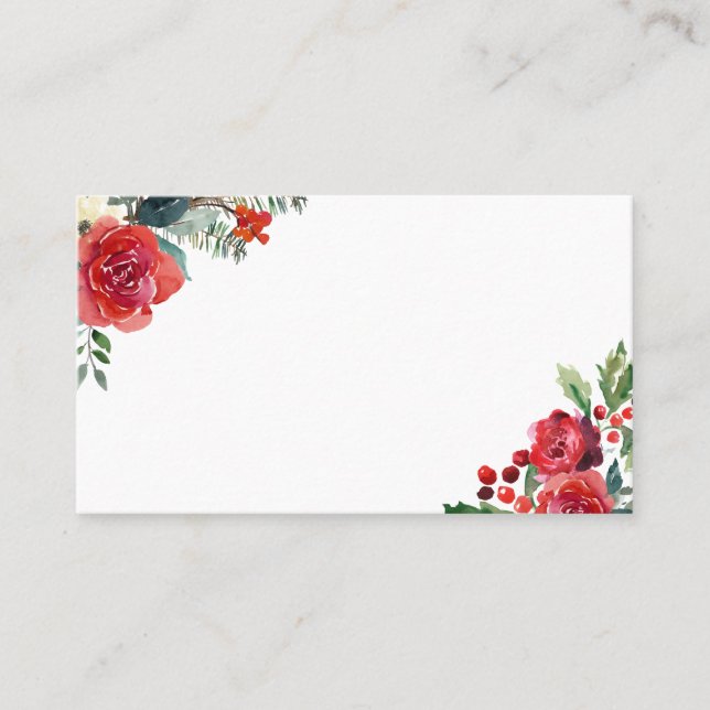 Watercolor Christmas Flowers & Pine Cones Borders Place Card (Front)