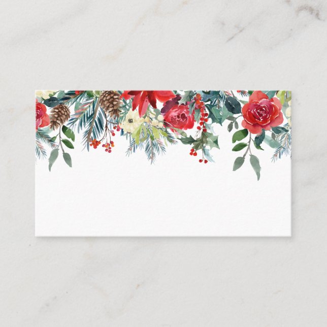 Watercolor Christmas Flowers & Pine Cones Garland Place Card (Front)